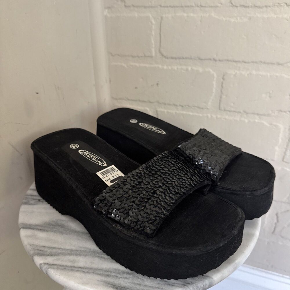 Lower East Side Black Sequin 90s Y2K Platform Sandals Flip Flops 8.5 NEW